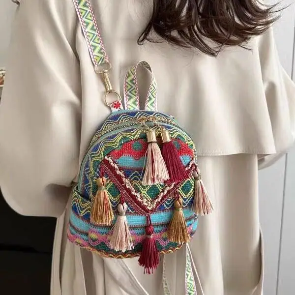 Bolso bandolera con flecos estilo tibetano, estilo étnico, recuerdo especial de viaje, mochila pequeña, bolso de mano casual de cuero PU suave