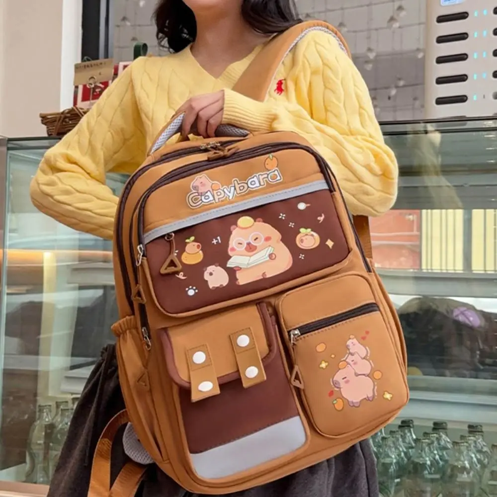 Large Capacity Capybara Backpack Adjustable Strap Multi Pocket Cute Animal Bookbag Lightweight Korean Style