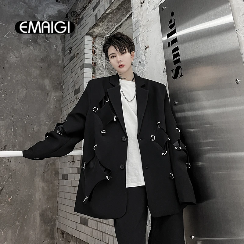 

Men Irregular Ripped Metal Button Niche Fashion Streetwear Hip Hop Motorcycle Suit Jacket Blazer Male Dark Black Blazers Coat