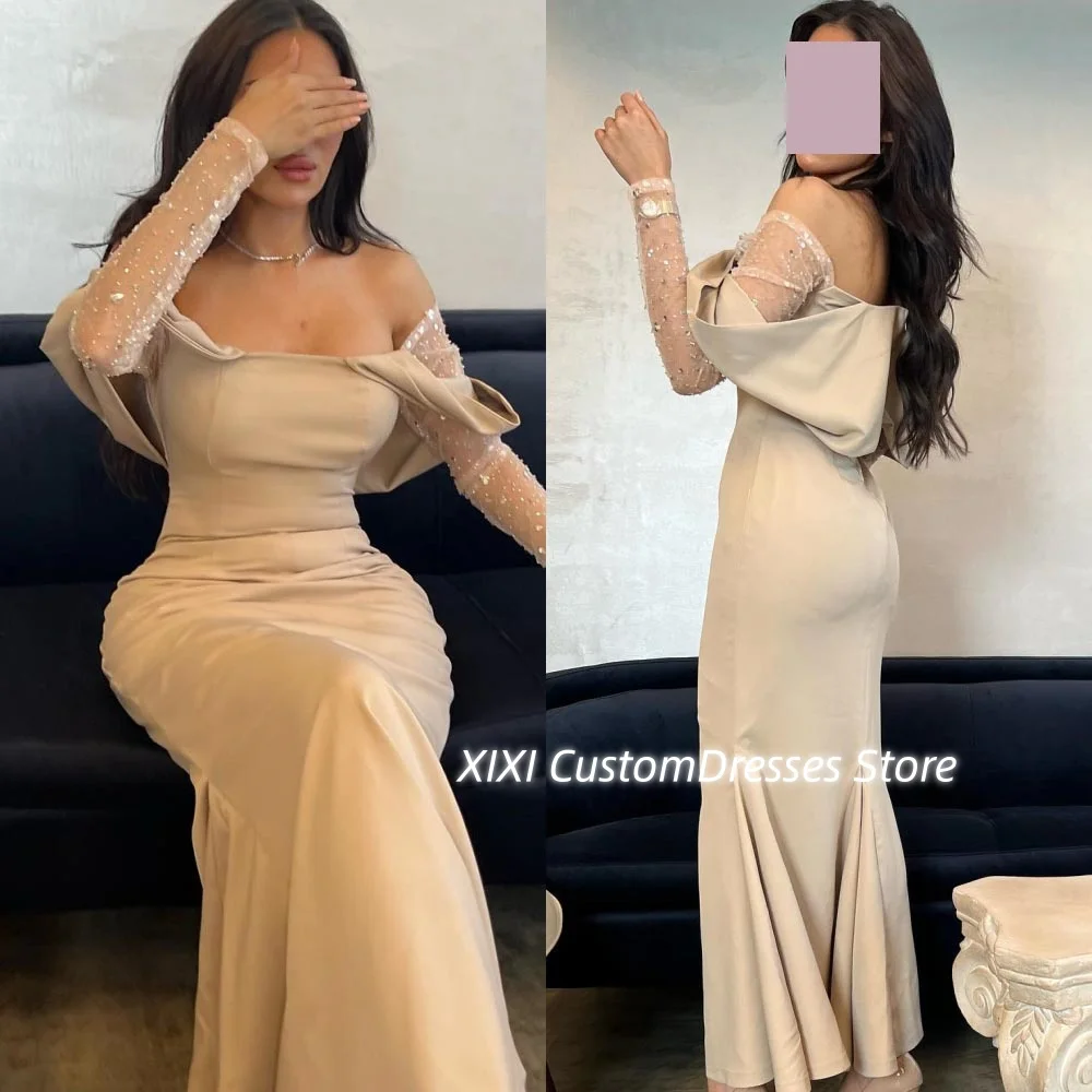 

Elegant Party Dresses For Women Customize Mermaid Off-The-Shoulder Dresses For Special Events Beadings Zipper Up Short Sleeves C