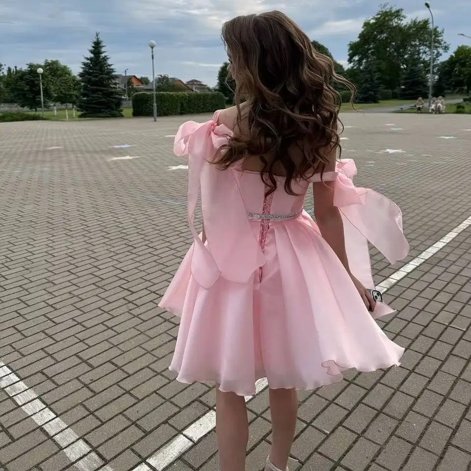 

MD New Princess Pink A-line Short Evening Gown Organza Off Shoulder Bow Corset Back Cocktail Prom Gown Summer Customized 2025