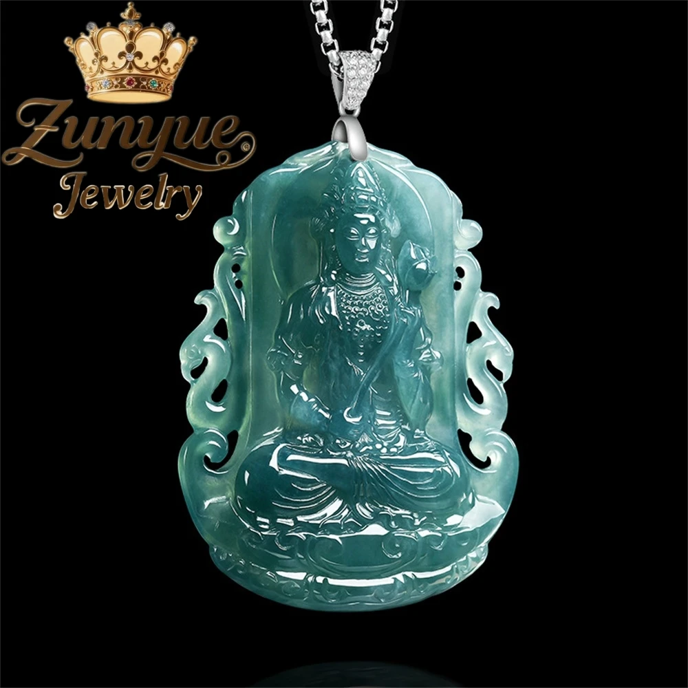 Natural Genuine A-Grade Ice-Blue Jadeite Great Peace Bodhisattva Pendant S925 Silver Highend Popular Luxury Quality Jewelry Gift