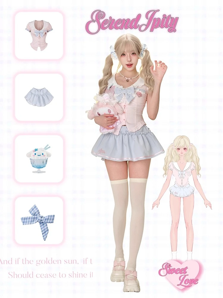 الحلو Preppy نمط Kawaii 2 قطعة مجموعة النساء Y2k لوليتا تصميم القمم + تنورة عالية الخصر الإناث الأميرة الرجعية شيك وتتسابق الصيف