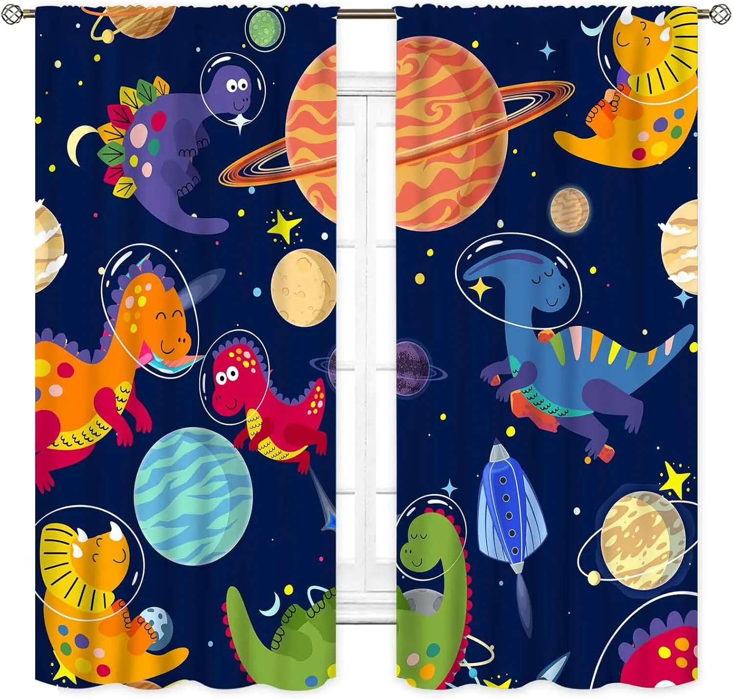 Dinosaur Curtains for Boys Room, Cartoon Dino Navy Blue Safari Animal Outer Space Planet Astronaut Theme Blackout Baby Window