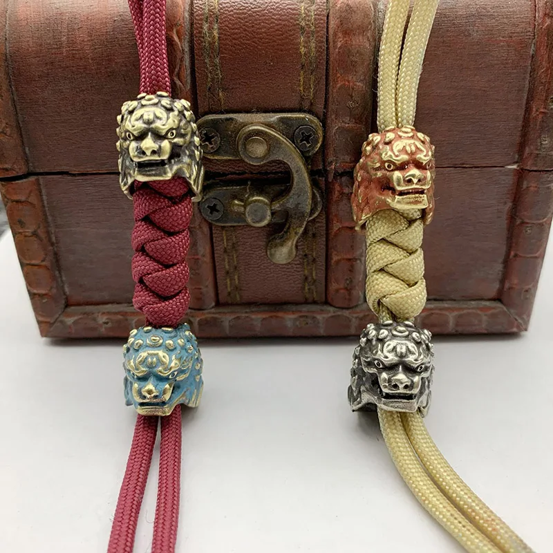 Chinese Ancient Palace Lion Head Knife Beads Brass Animal Figurines EDC DIY Paracord Woven Lanyard Pendants Jewelry Accessories