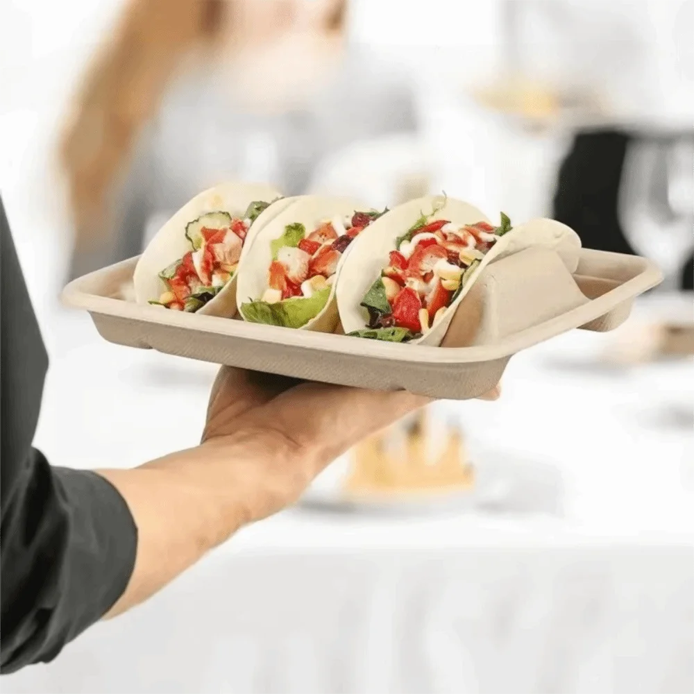 50Pcs 3 Compartments Disposable Taco Plates with Lid Biodegradable Taco Holder Stackable Pulp Taco Serving Tray Restaurant