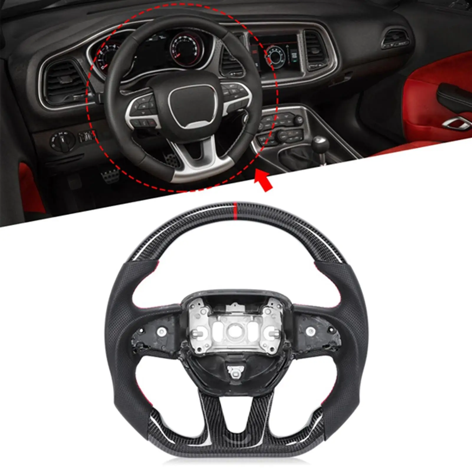 Carbon Steering Wheel Nappa Preforated Leather Red Stitching Fit for Dodge challenger / Charger 2015-2020