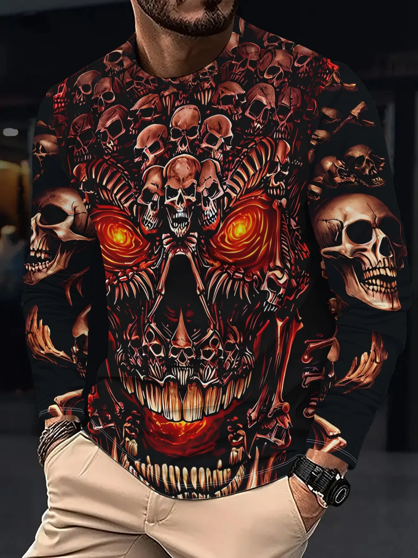 2026 New Hot Selling Men's Gothic Full Print Skull Long Sleeve Halloween Punk 3D Printing Y2K Hip Hop Home Matching Leisure