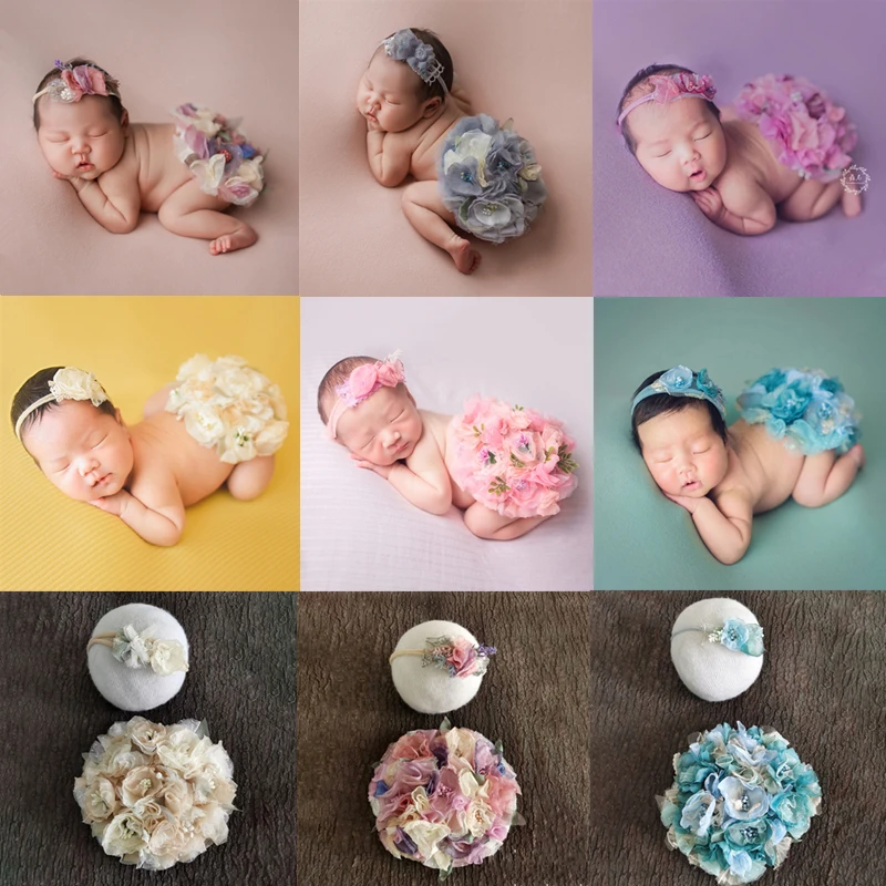 Newborn Photography Costume Headband+Round Flower Cover Clothing Baby Girl Photo Props Accessories Studio Infant Shoot Outfits