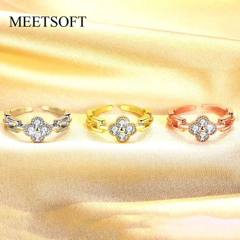 MEETSOFT Classic 925 Sterling Silver Flower Zircon Moissanite Opening Ring for Women Lovely Sweet Fine Jewelry Drop Shipping