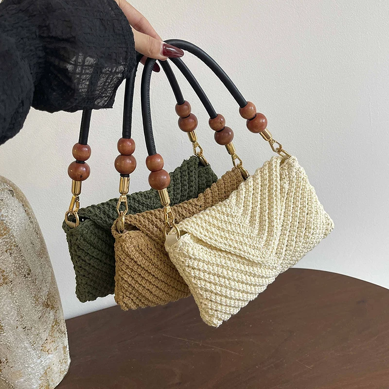 

Chinese Style Wooden Bead Woven Square Bag Cotton Rope Handbag Exquisite Portable Coin Phone Pouch Casual Women's Underarm Bags