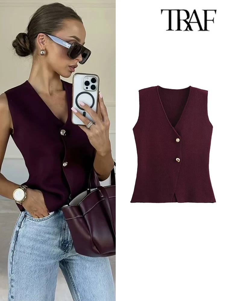 TRAF 2024 New Gold Button Knitted Tank Top Fashion Autumn Knitted Vest Casual Women  Simple Wear