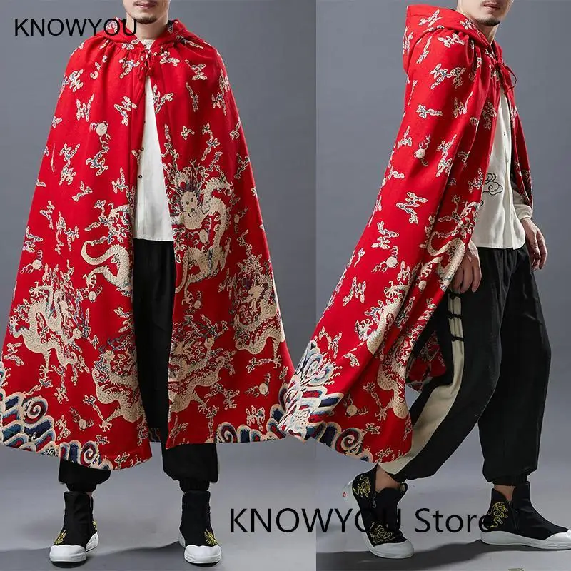 Warm Thick Cloaks Men Big Size Ponchos Vintage Chinese Style Dragon Print Cape Male Autumn Winter Jacket Hanfu Echarpes Coat