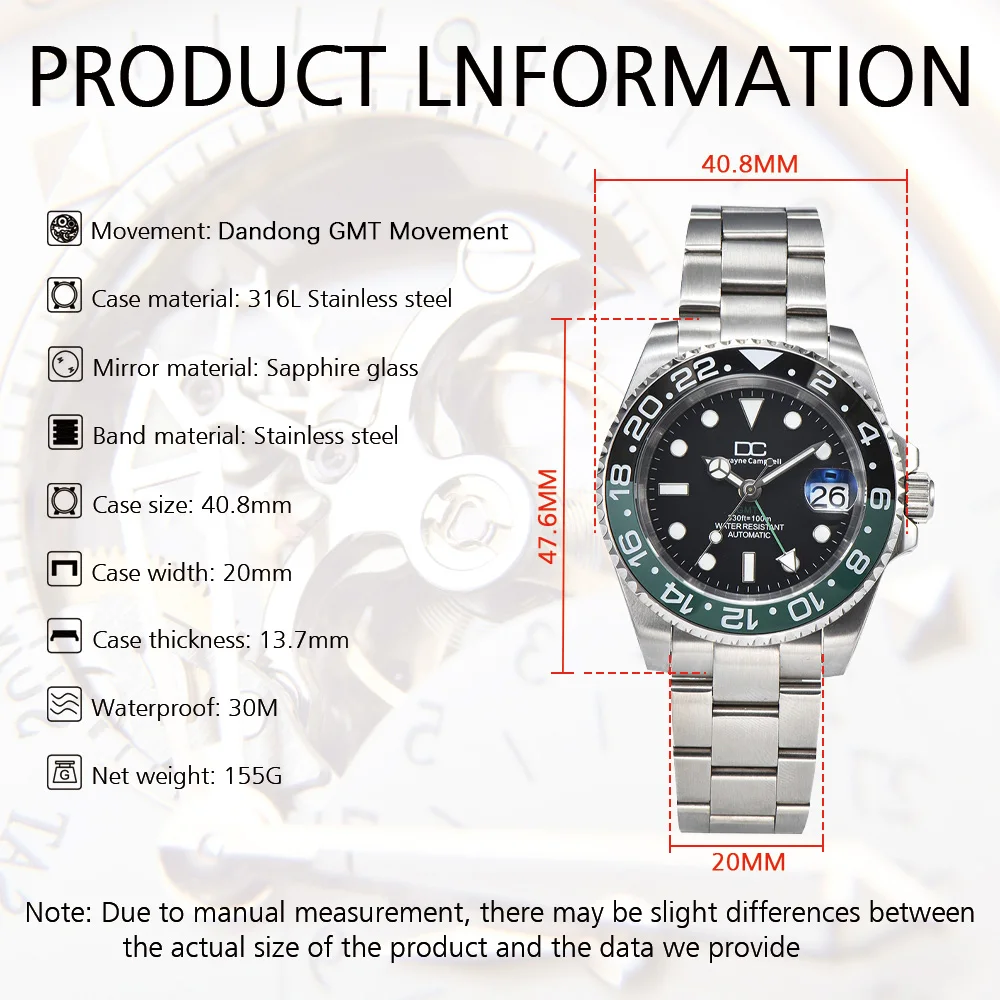 Automatische Herrenuhr mit Datum, Saphirglas, Keramiklünette, Dandong GMT-Uhrwerk, Leuchtende Mechanische Uhr – Detail 1