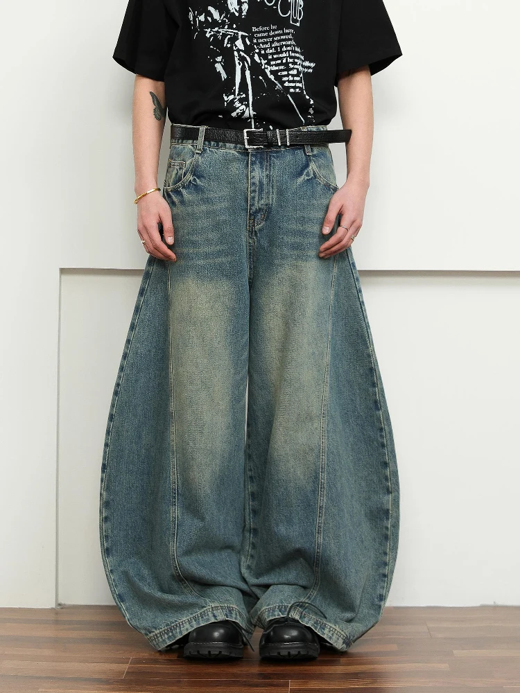 Retro Washed American High Street Men's Wide Leg Jeans Deconstructed Silhouette Design Trendy Knife Pants Casual Jeans