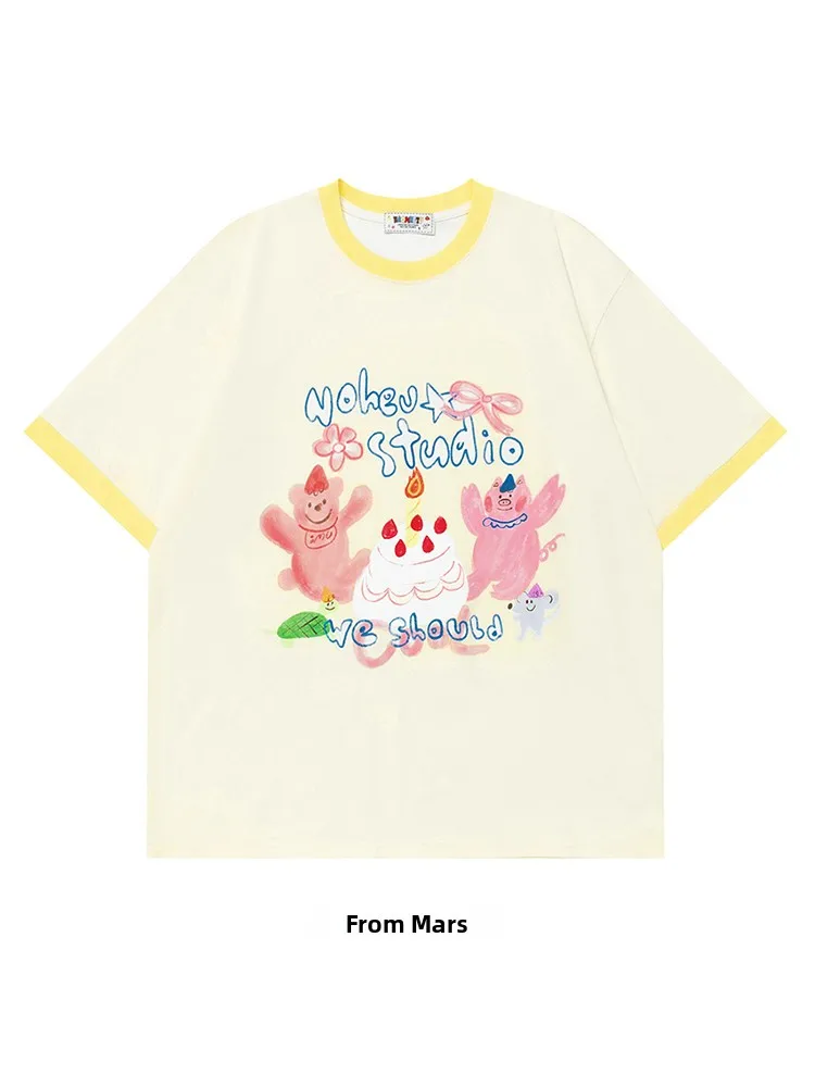 

Футболка с круглым вырезом и принтом FitI, свободного кроя, молодежная, модная, летняя, повседневная, с мультяшным принтом, в стиле колор-блок