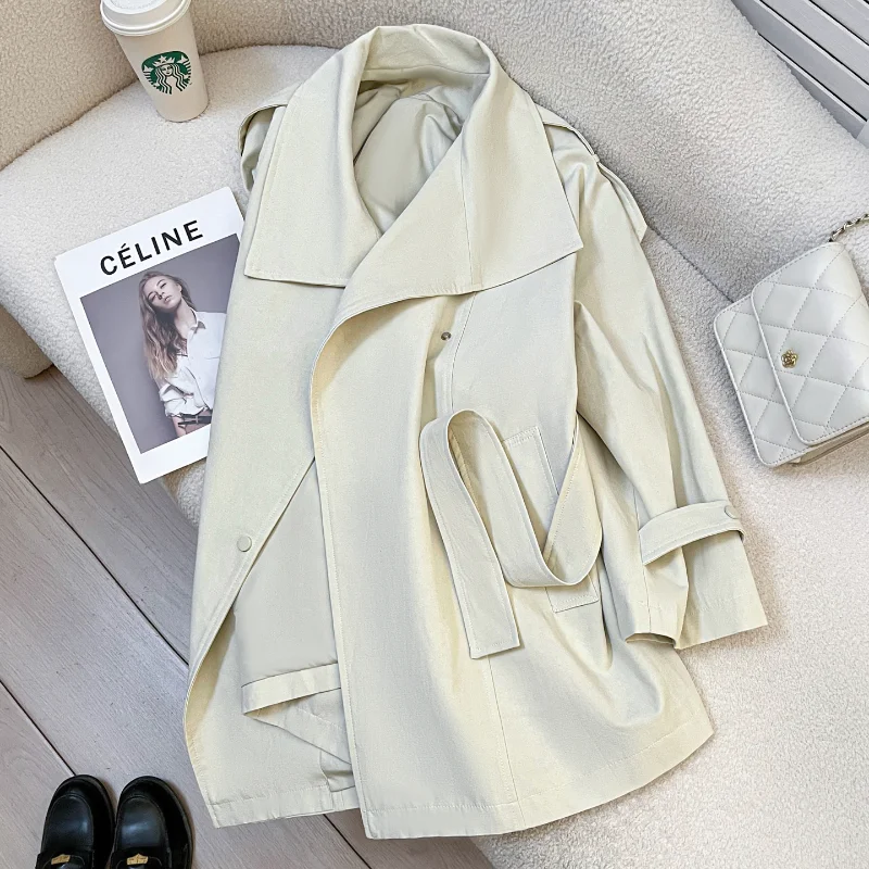 

Французский шик: высококачественный бежевый классический тренч с длинными рукавами, женское длинное пальто в английском стиле, свободное, повседневное, базовое, элегантное, весеннее.