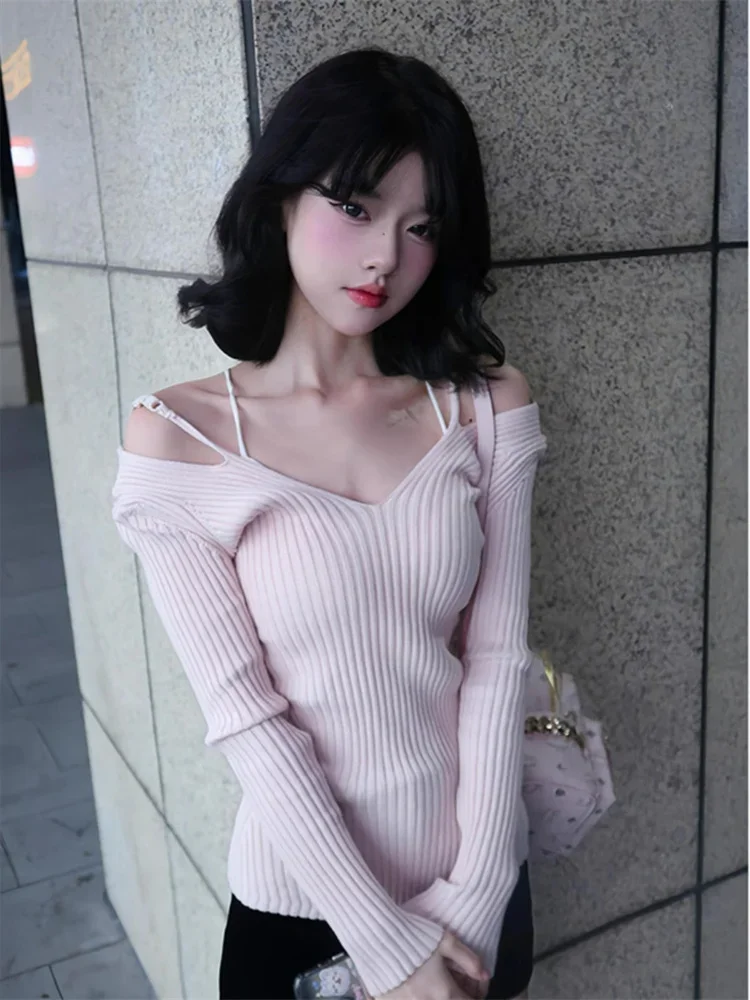 

2025 New Spring Autumn Fashion Pink Sexy Girl Long Sleeve T-shirt Off Shoulder Top Female V-neck Pullover Sweater Women Knitwear