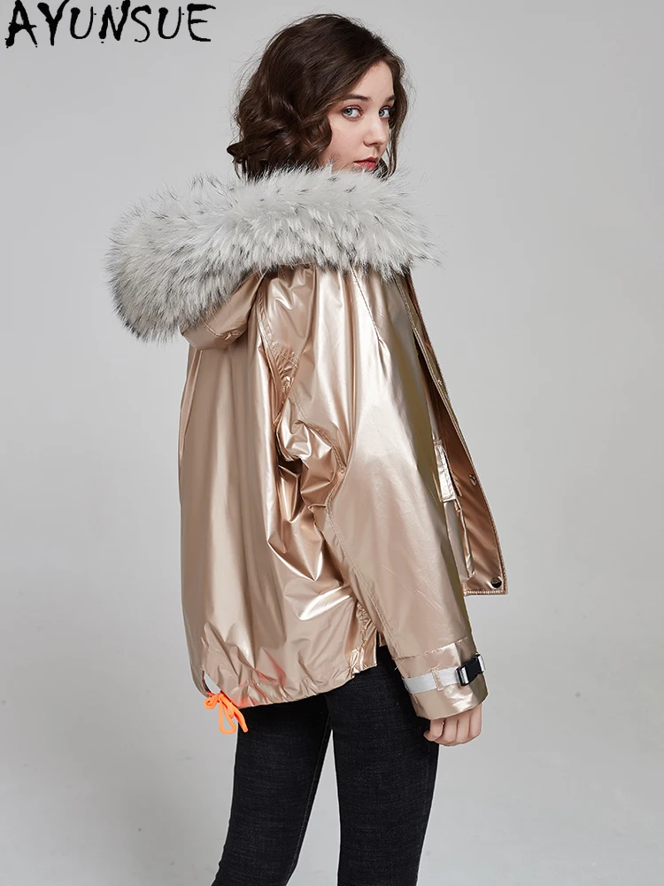 AYUNSUE Rex-Kaninchenfell-Parka für Damen, 2025, echtes Fell, neu in Mänteln, Damen-Winterkleidung, warmer Waschbärpelzkragen, μри RSSavera