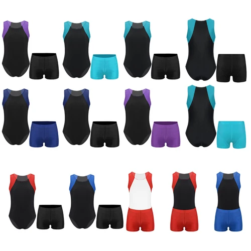 Imagen 2 del producto Conjuntos de entrenamiento de gimnasia deportiva para niños, leotardo sin mangas, mono con pantalones cortos, Ropa de baile para competición de Fitness y Yoga