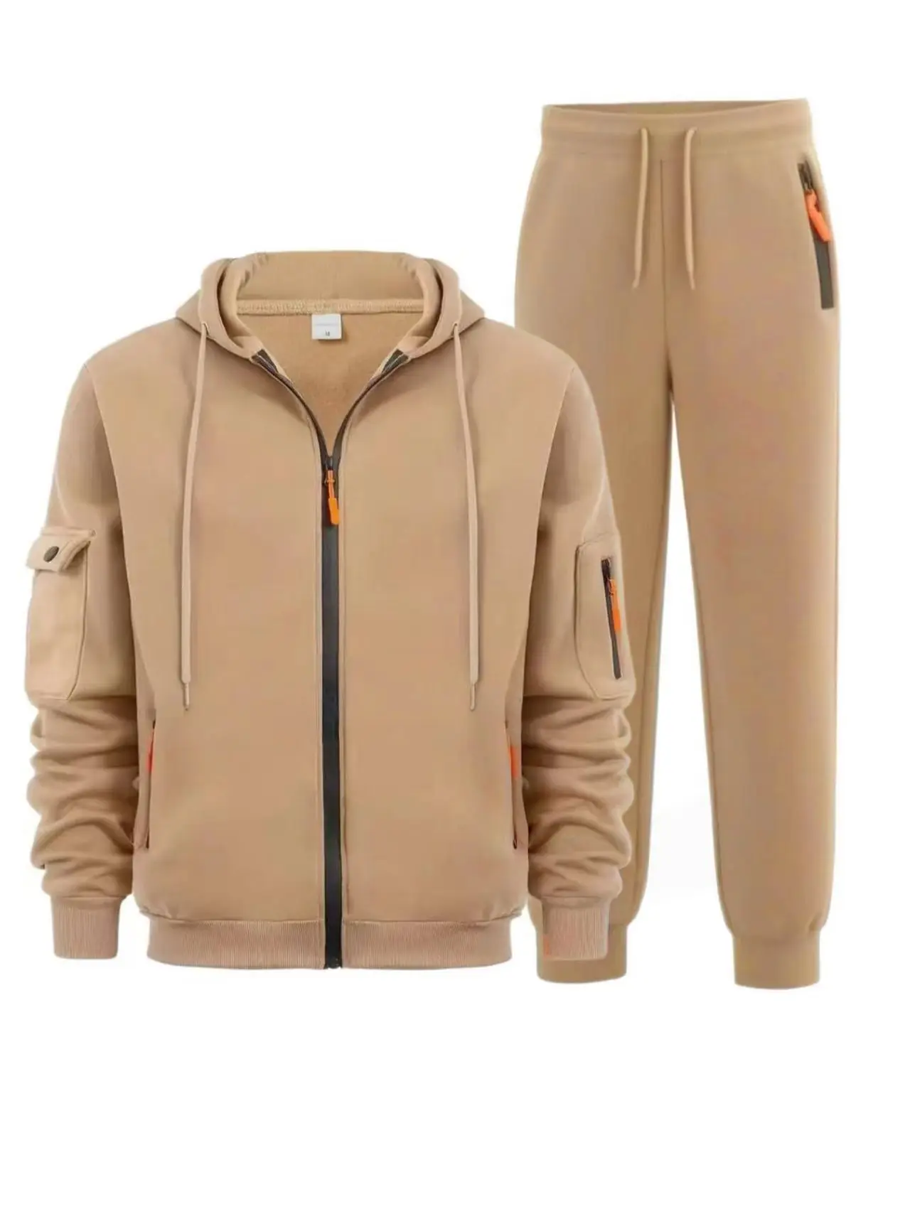 남성 스포츠 슈트 스타일 가을 겨울 플리스 남성 캐주얼 스포츠웨어 지퍼 스웨터 다중 포켓 작업 바지 세트