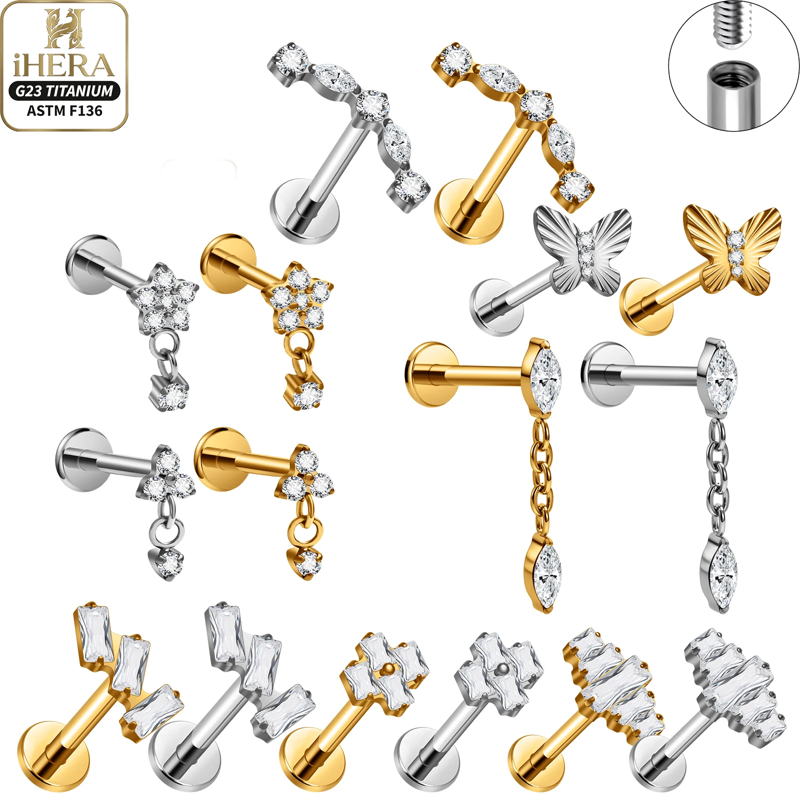 G23 Titanium Bulk Lot Sparkly Baguette Crawler Flower Dangle Flat Back Studs Helix Tragus Conch Rook Lobe Lip Labret Piercings