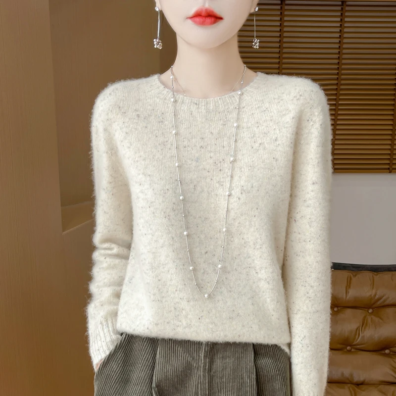 

100% Australian wool knitted women's O-neck pullover sweater slim fit versatile autumn and winter new full sleeved women's sweat