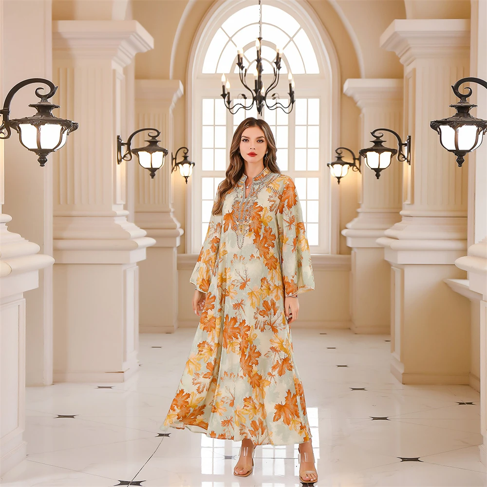 

Women Golden Ribbon Embroidery Evening Dress Muslim Jalabiya Long Sleeved Loose Robe Moroccan Islamic Party Clothes