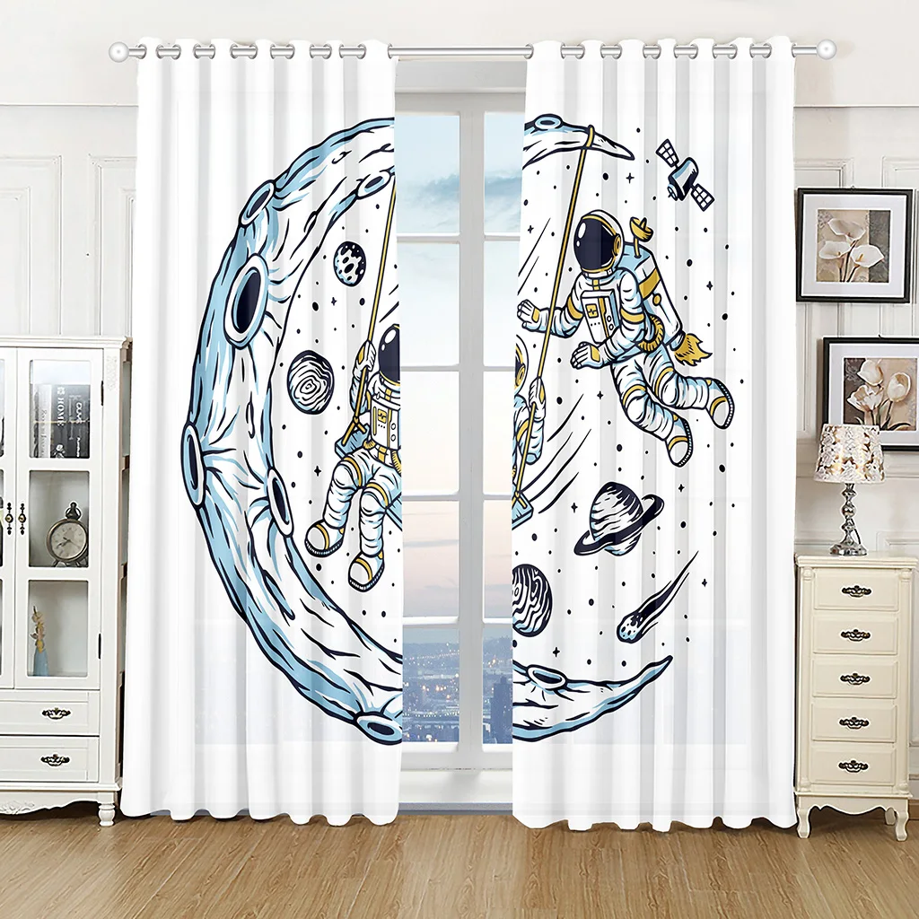 

Modern 3D Print Semi-Shading Window Curtain for Kids, Space Cartoon, Mars, Astronaut, Planet, Thin, Children's Bedroom