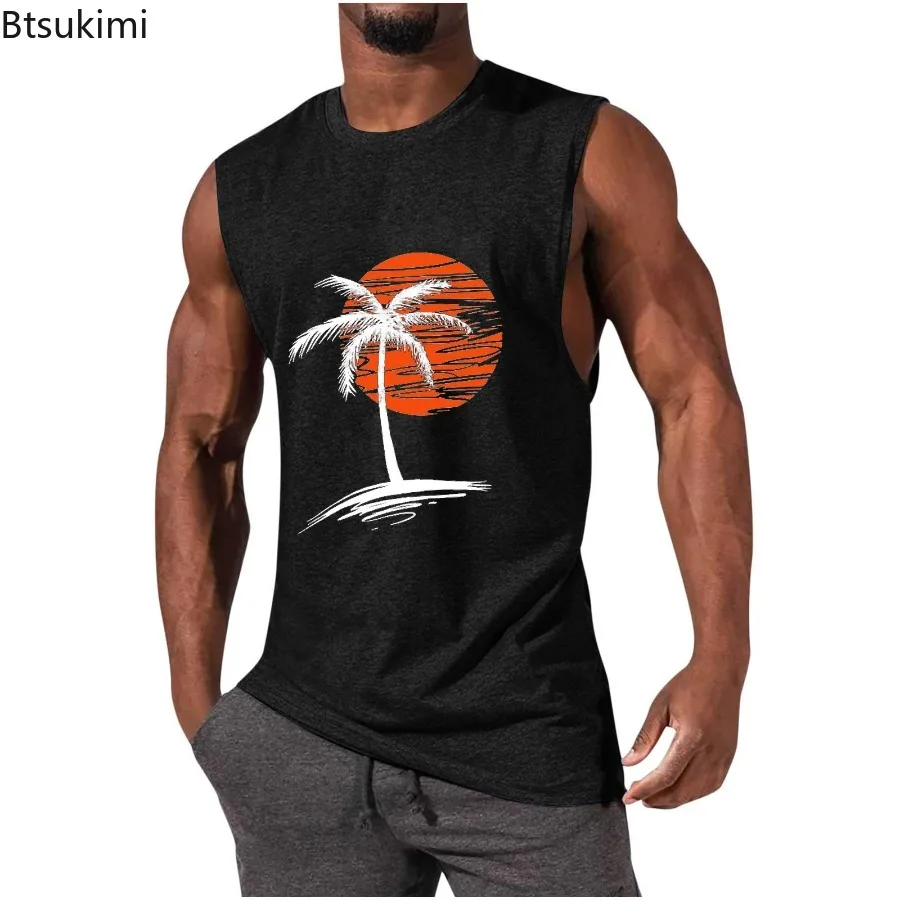 

New 2025 Men's Summer Coconut Tree Pattern Printed Casual Vest Fashion O-neck Loose Sleeveless T-shirt Men Sport Beach Tank Tops