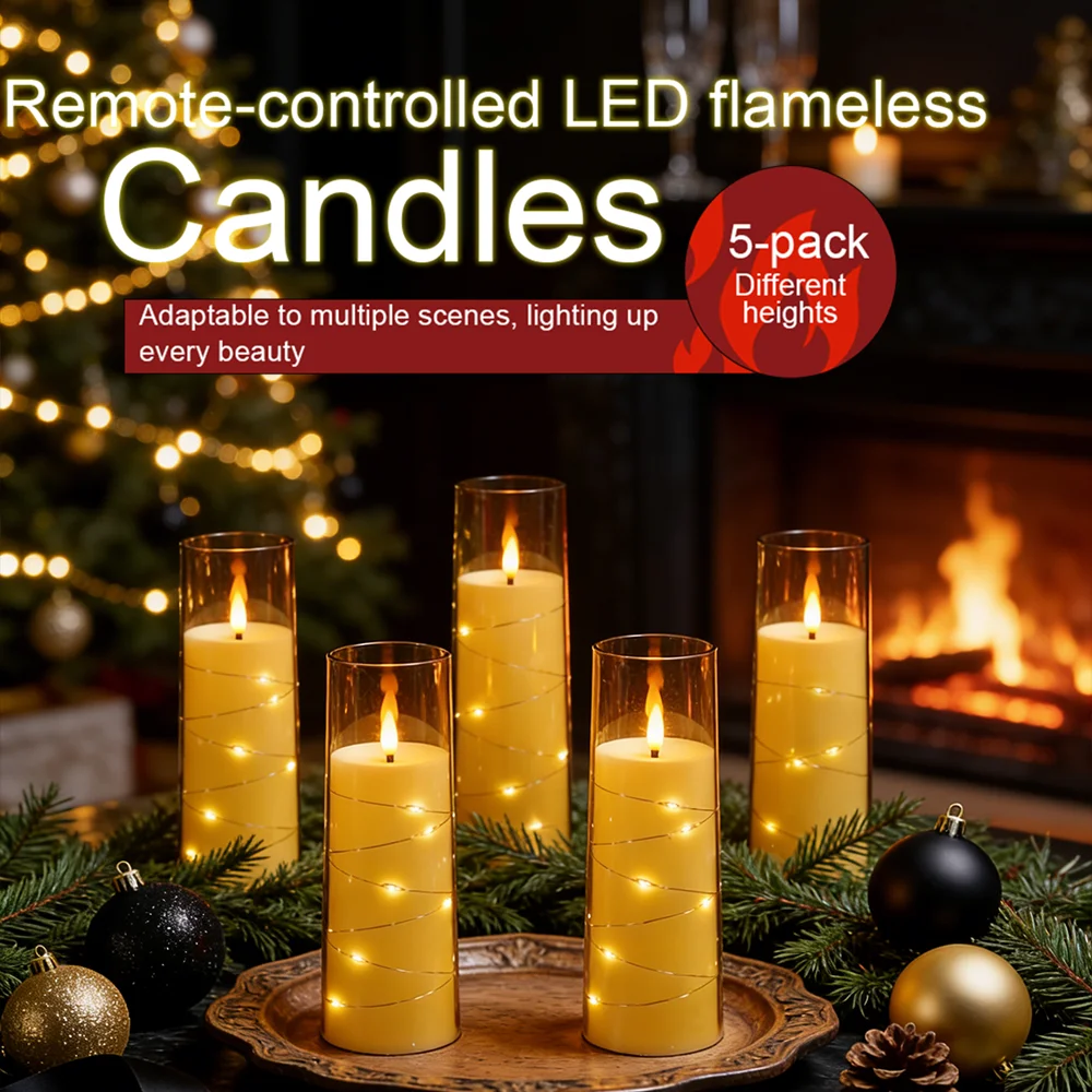 

Gold 5PCS LED Flameless Candles with String Lights Timer Dimmer Acrylic Warm Lights for Wedding New Year Party Event Table Decor