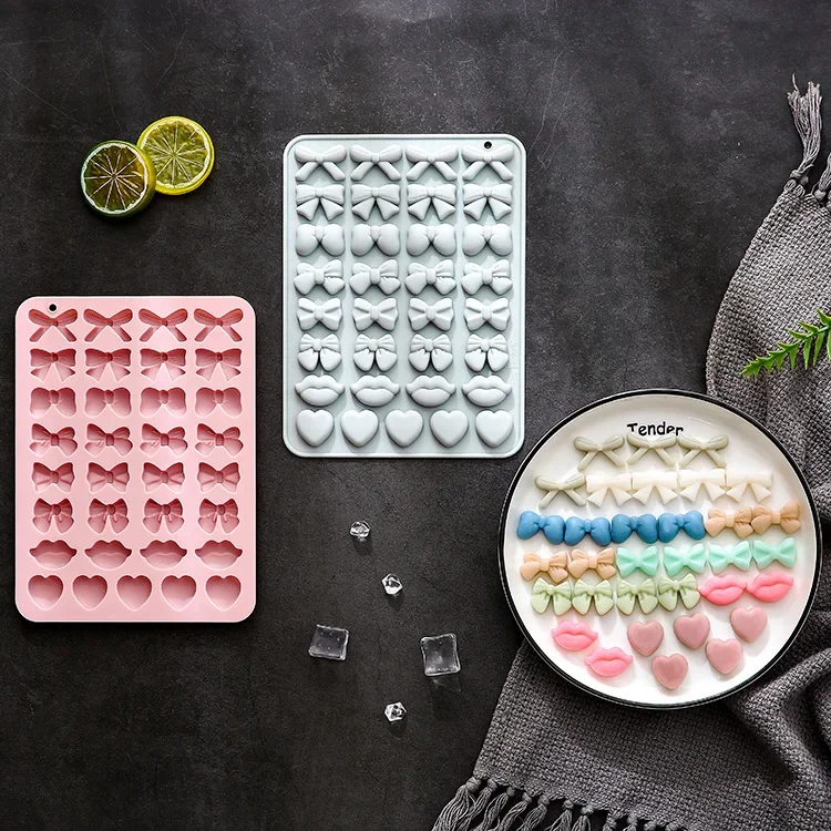 

2 Pack Different Bows Lips Heart Silicone Molds Fondant Candy Ice Grid Chocolate Mould Baking Tools Cake Decoration Accessories