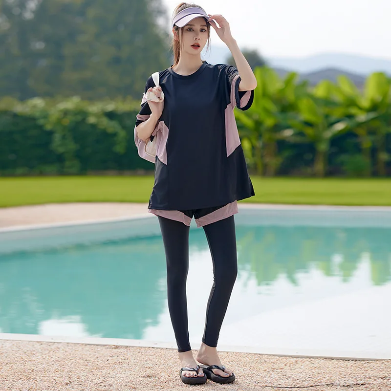 Women Plus Size 4PCS Modest Split Swimsuit Loose Rash Guard Tankini Set Conservative Bathing Suit For Hot Spring Beach Swimming