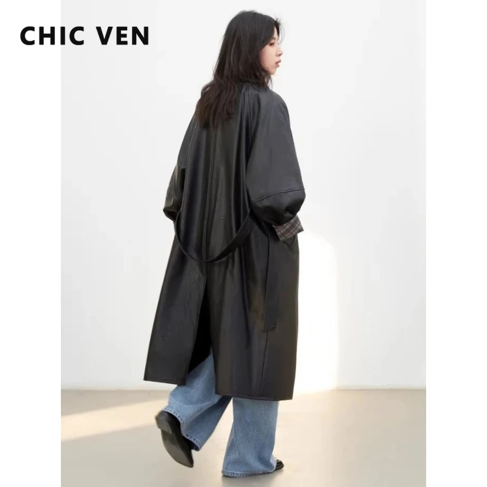 CHIC VEN New Women Long PU Trench Coat Black Loose Casual Belt Faux Leather Ladies Overcoat Spring Autumn 2026 Clothing