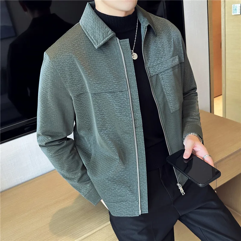 

Куртки из искусственной кожи для мужчин в корейском стиле, с отложным воротником, длинным рукавом, повседневные, приталенные, с передними карманами, распродажа