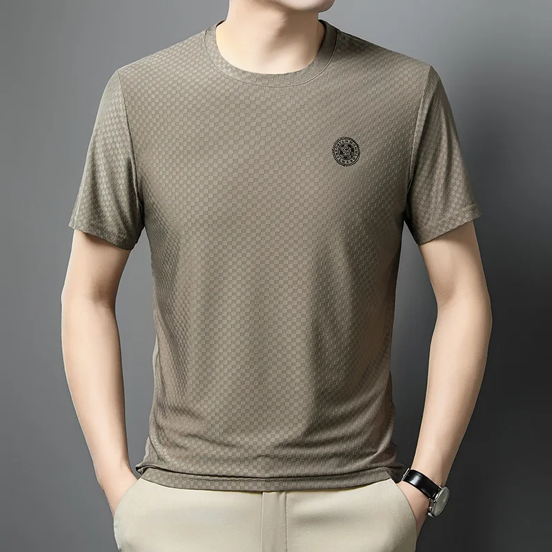 

Casual round Neck Short Sleeve Shirt Ice Silk Loose Fit Men's Mid-aged Dad Top Polyester Fiber Cleanfit Daily Wear