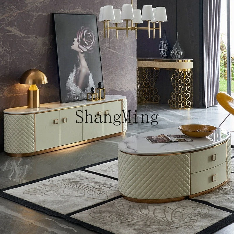 

FG light luxury marble coffee table TV cabinet combination post-modern living room small apartment leather oval coffee table