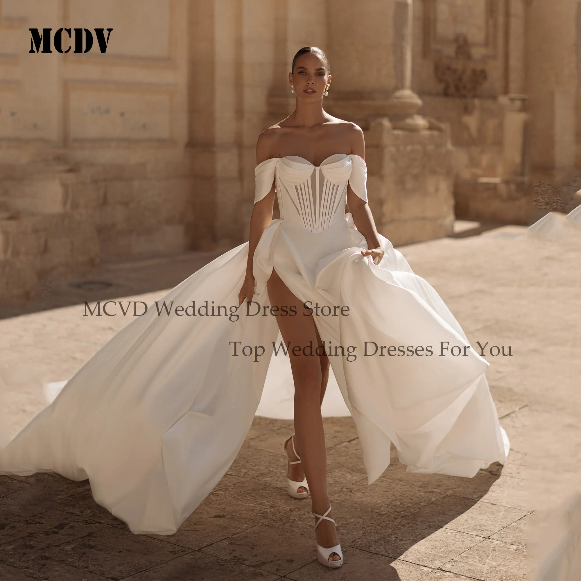 

MCDV Sweetheart Wedding Dress For Bride Luxury Satin A-Line Side Split Bridal Gowns Off Shoulder vestido de novia Customized