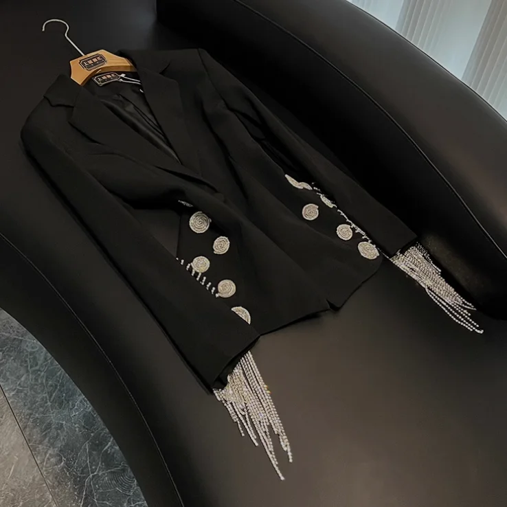 Stylish Designed Rhinestone Tassels Lady High Quality Notched Long Sleeve Single Button Coat Solid Casual Office Blazer Woman