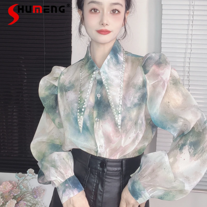 Heavy Industry Pointed Collar Rhinestone Beaded Design Puff Sleeve Floral Shirts All-Matching Clothes Long Sleeves Blouse Female