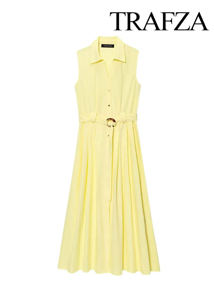 

HH Women Summer Fashion Single-Breasted Belt Design Casual Slim Dress Female Lapel Yellow Elegant Midi Sleeveless Long Dress