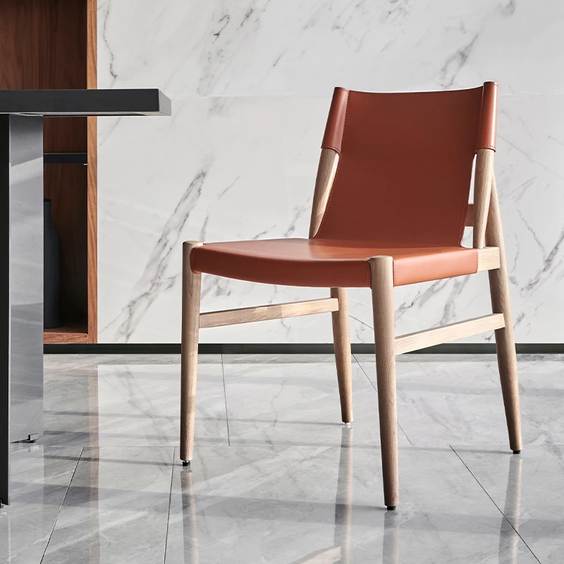 

High-end Saddle Leather Chair Dining Designer Home Light Luxury Chair Solid Wood Nordic Italian Sedia Da Pranzo Furniture