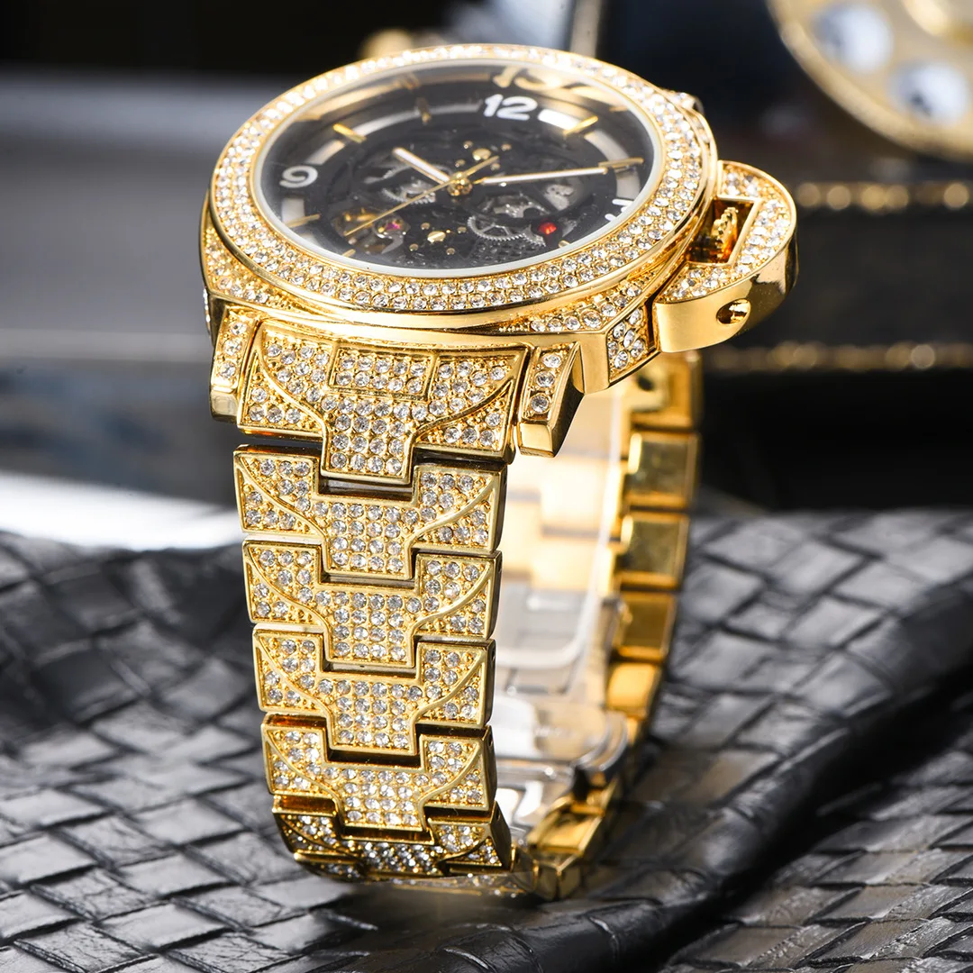 

Luxury Iced Watch Men MISSFOX Fashion Jewelry Bling Gold AAA Clock Hip Hop Diamond Automatic Mechanical Wristwatch For Man Reloj