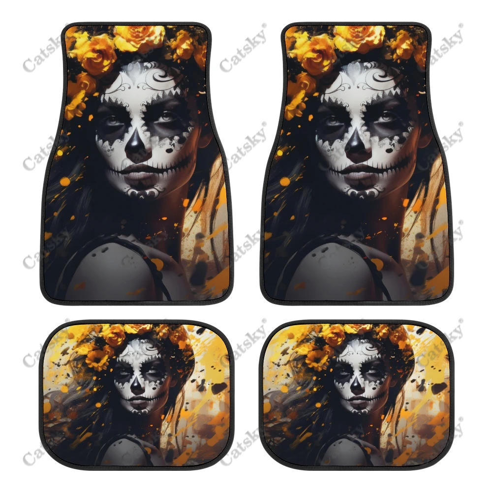 Sugar Skull Girl Car Auto Floor Mats Carpet, 4PCS Customized Cars Mat All Weather Automotive Vehicle Pad Stylish