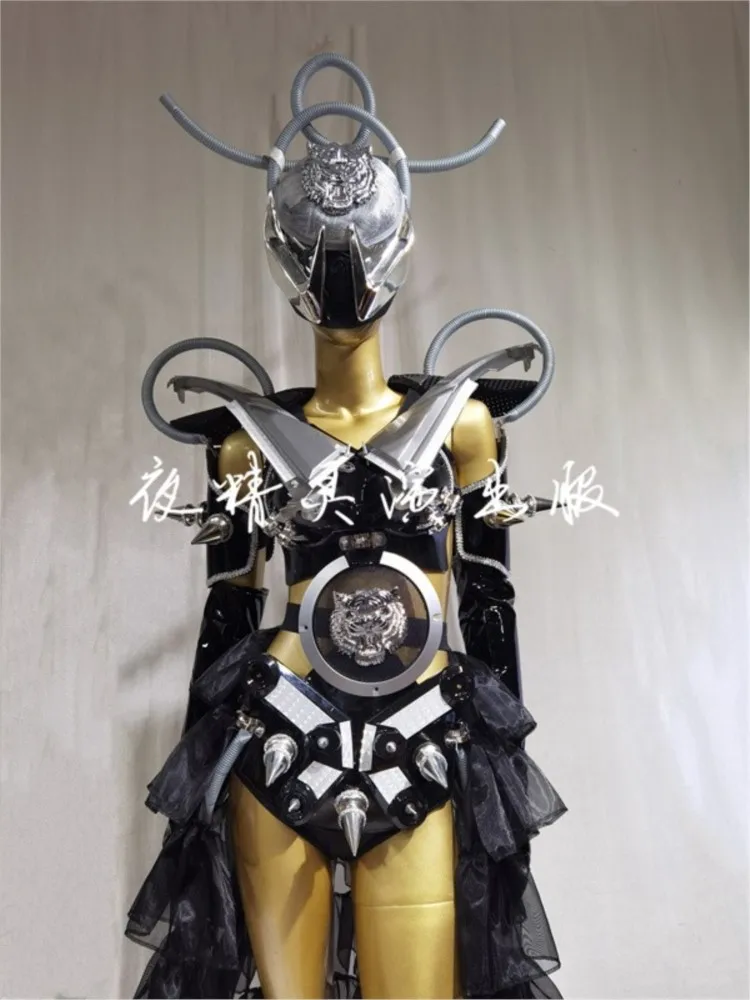 Future Technology Sense Machine Armor Warrior Tiger Head Headwear Gogos Stage Performance Outfits