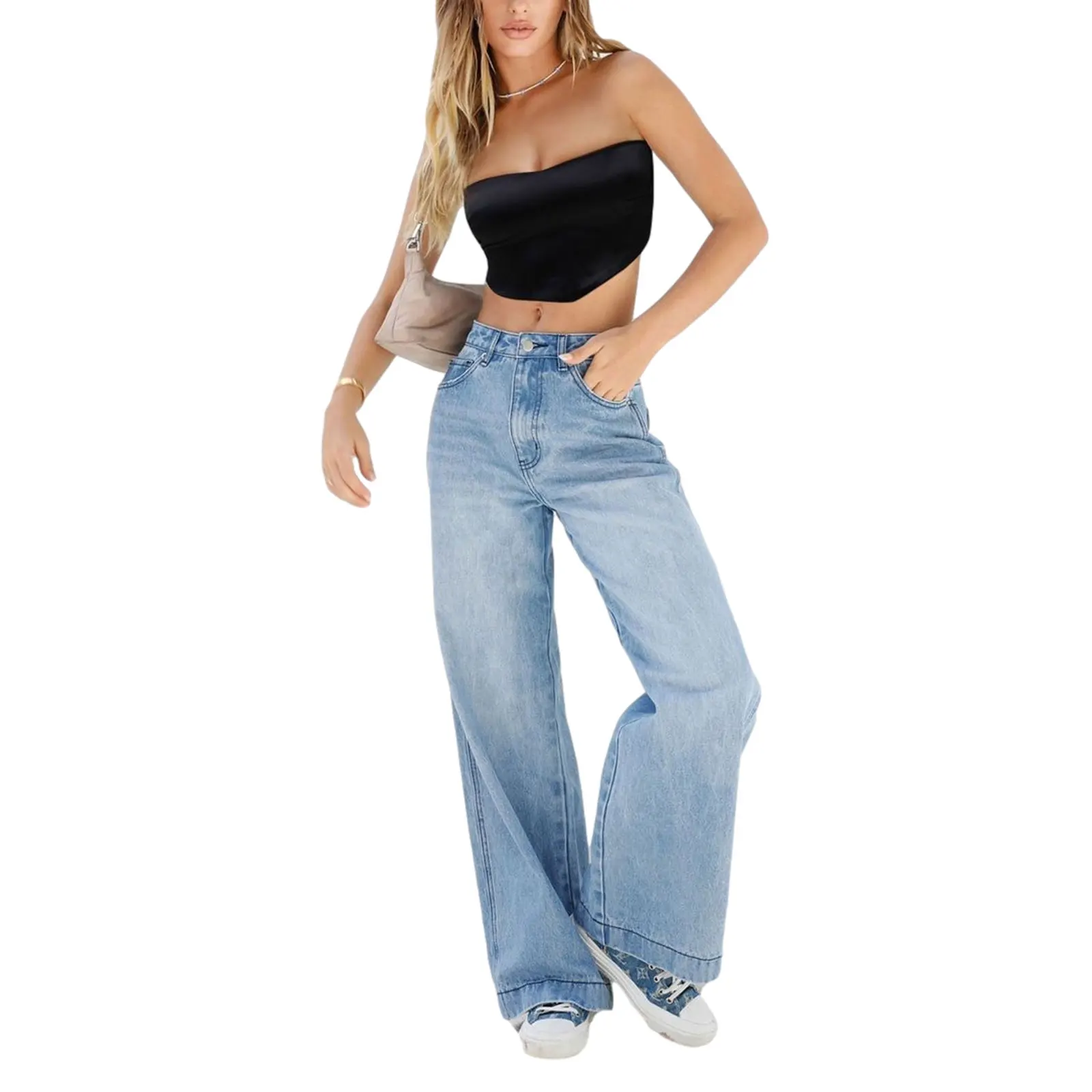 Calça jeans solta casual feminina com bolsos, versátil, respirável, calças de perna larga, férias, data, festa, compras