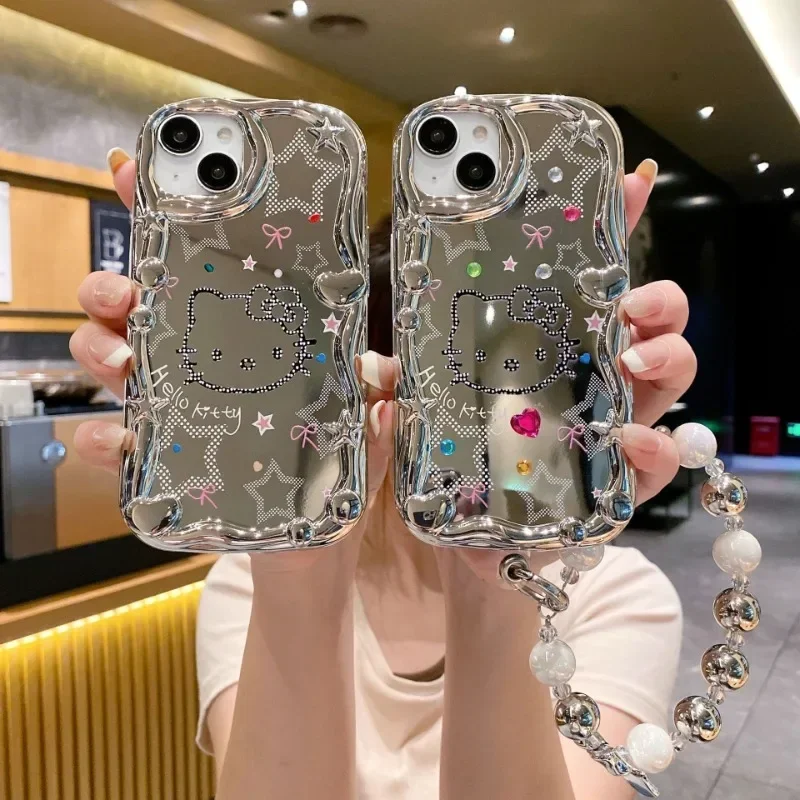 Electroplated Mirror Cute Sanrio Hello Kitty Case for IPhone 15 14 Pro Max 11 12 13 Pro Max Cover Pink Frame Cute Cartoon Cover