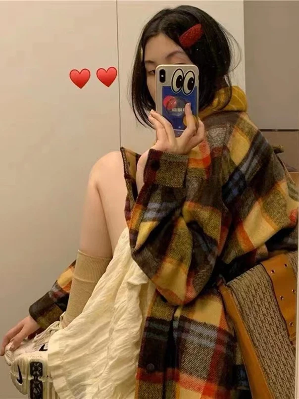 

Ретро-корейская фланелевая рубашка в клетку для женщин, утепленная флисом, с длинными рукавами, на пуговицах, Ciwalk, весна 2026