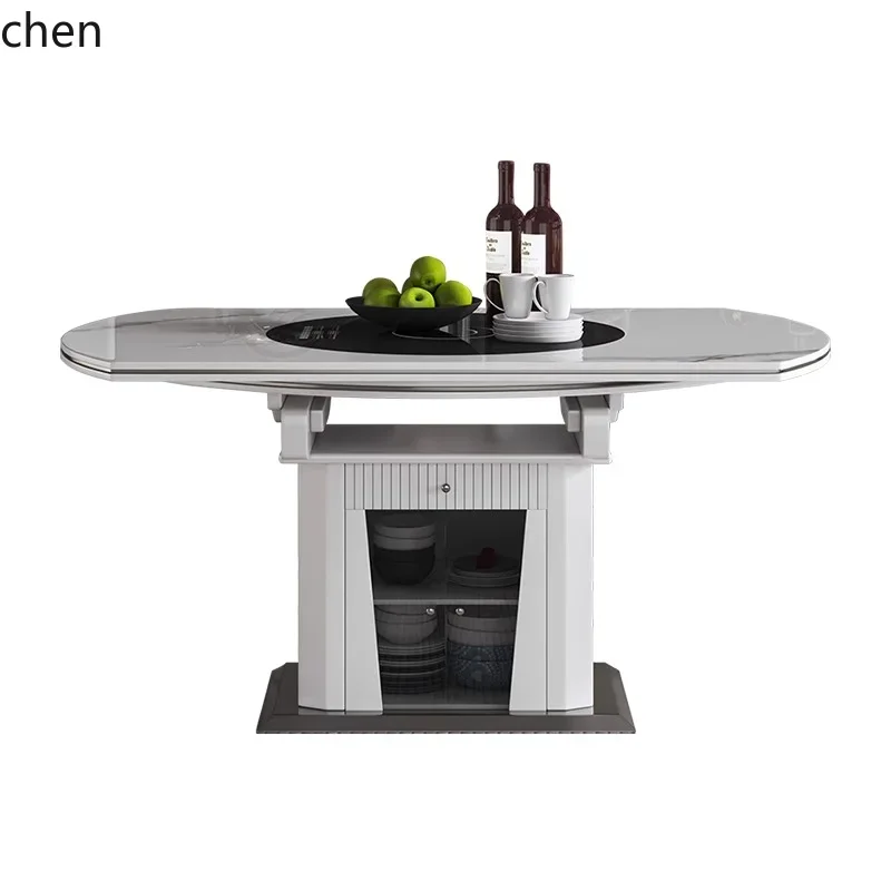 HT light luxury rock slab dining table simple new model with induction cooker embedded turntable dining table variable round