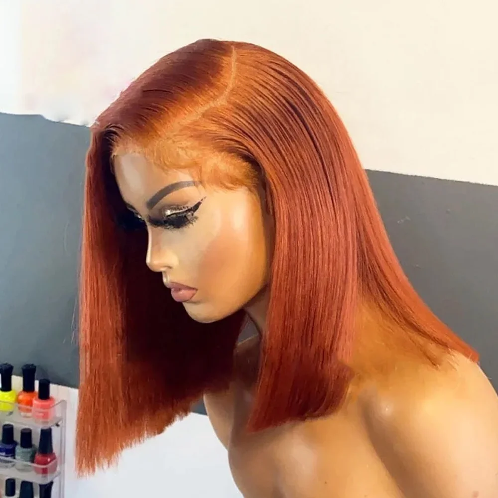 Soft Short Bob 14Inch Ginger Orange Preplucked Free Part 180Density Straight 13x4Lace Front Wig For Women Synthetic Glueless